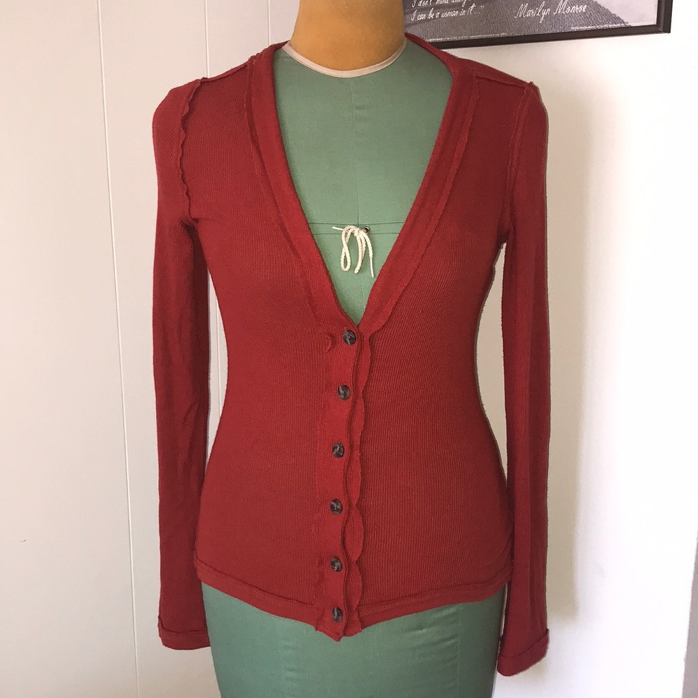 Free People We the Free Dark Red Deep V Knit Cardigan Top Size Small